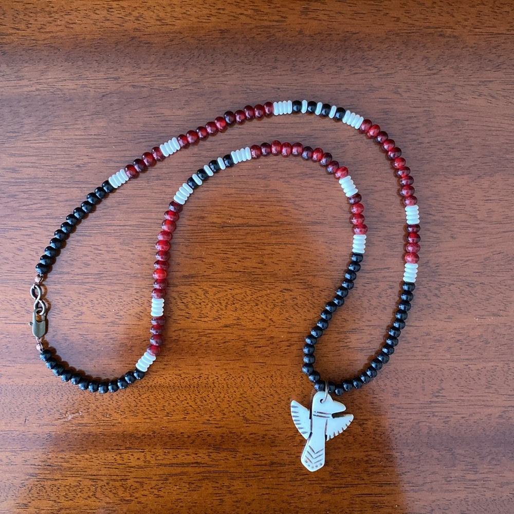 Black and Red Beaded Necklace with Native American Style Bone Bird Pendant